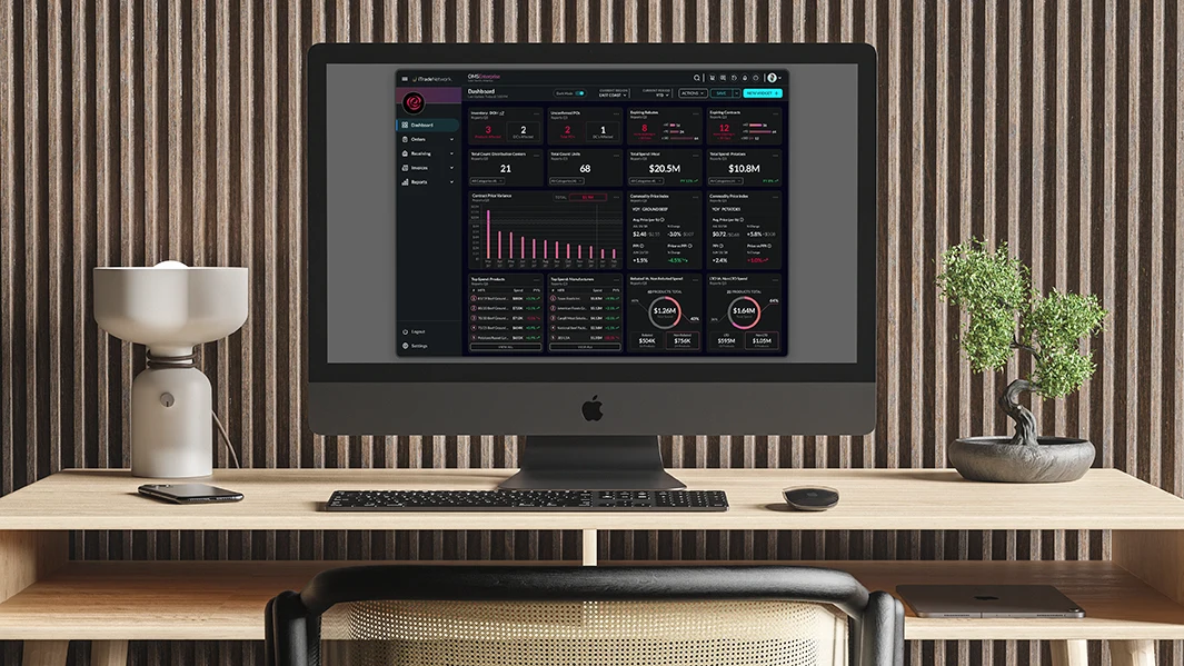 A mockup of a supply chain dashboard being viewed on an iMac.