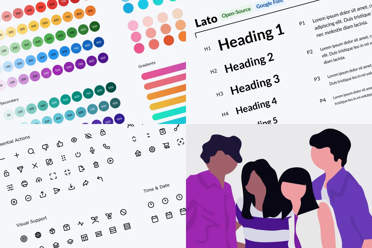 A visual example of the atoms of the design system: colors, typography, icons, and illustrations.