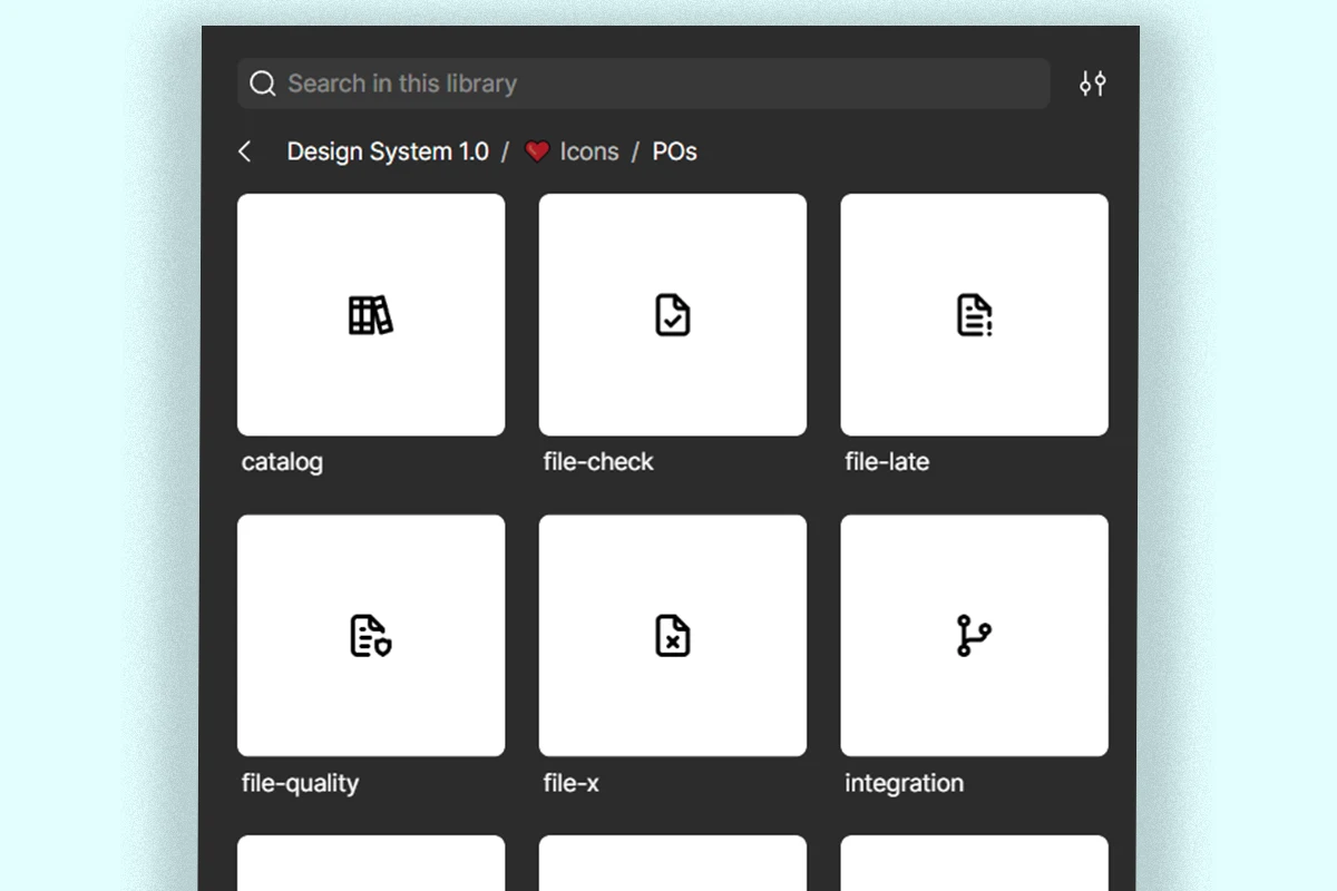 A screenshot of the searching component of the design system, highlighting the purchase order icons.