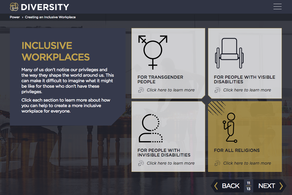 Course screen showing an inclusive workplaces icon grid