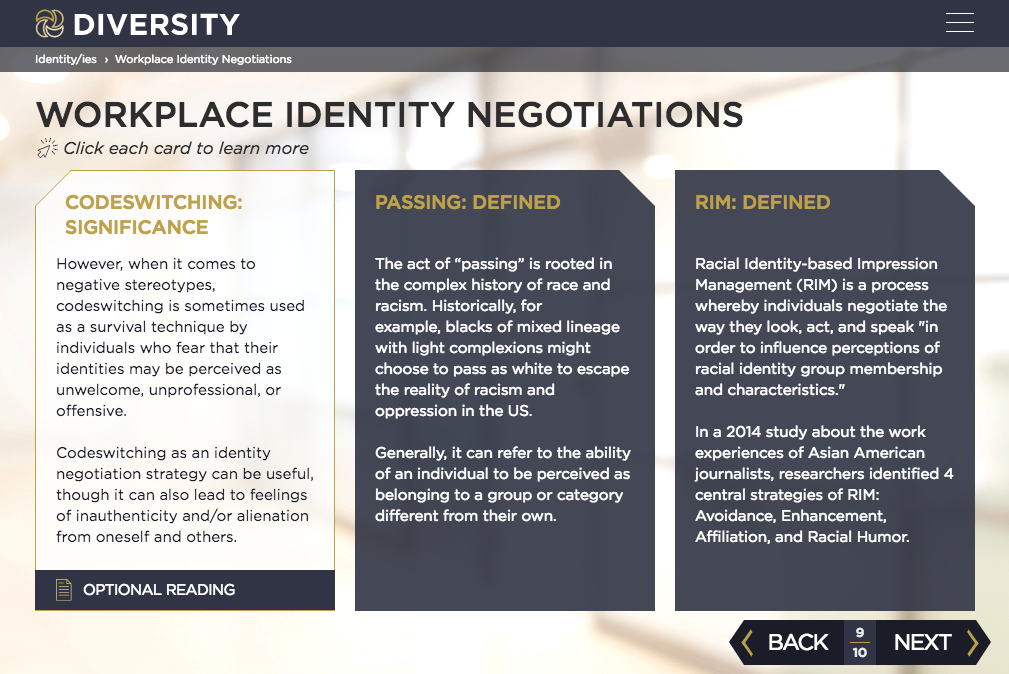 Course screen showing three definition cards: codeswitching, passing, and RIM