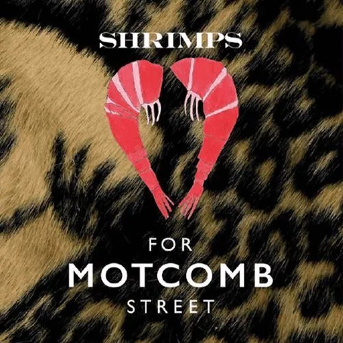 Graphic design featuring two red shrimp illustrations on a leopard print background with the text "Shrimps for Motcomb Street."