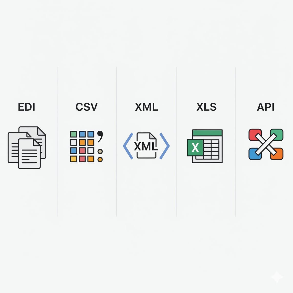 Illustration of Various Data Exchange Formats Including EDI, CSV, XML, XLS, and API with Corresponding Icons