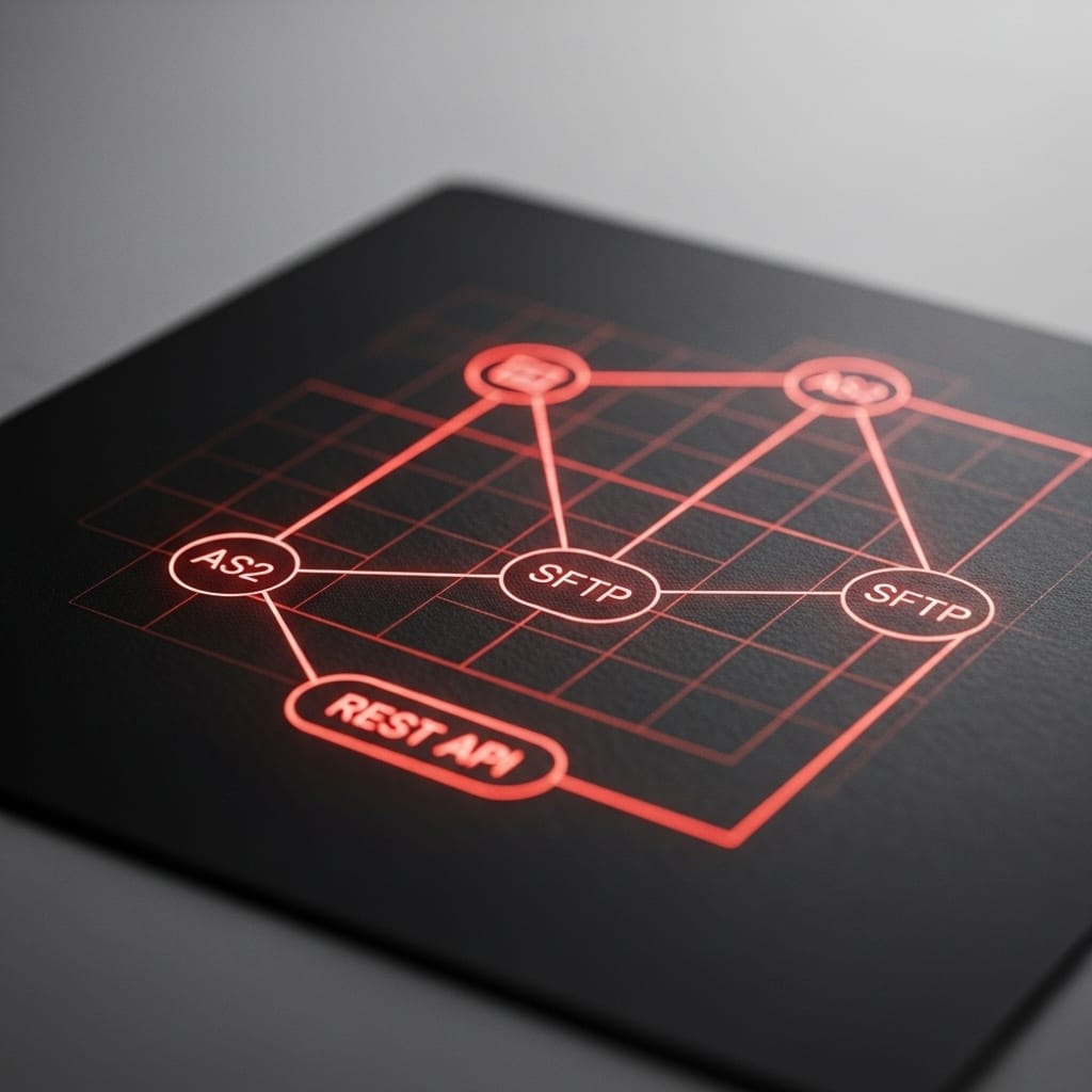 Illuminated Network Diagram with AS2, SFTP, and REST API Nodes on Grid Background