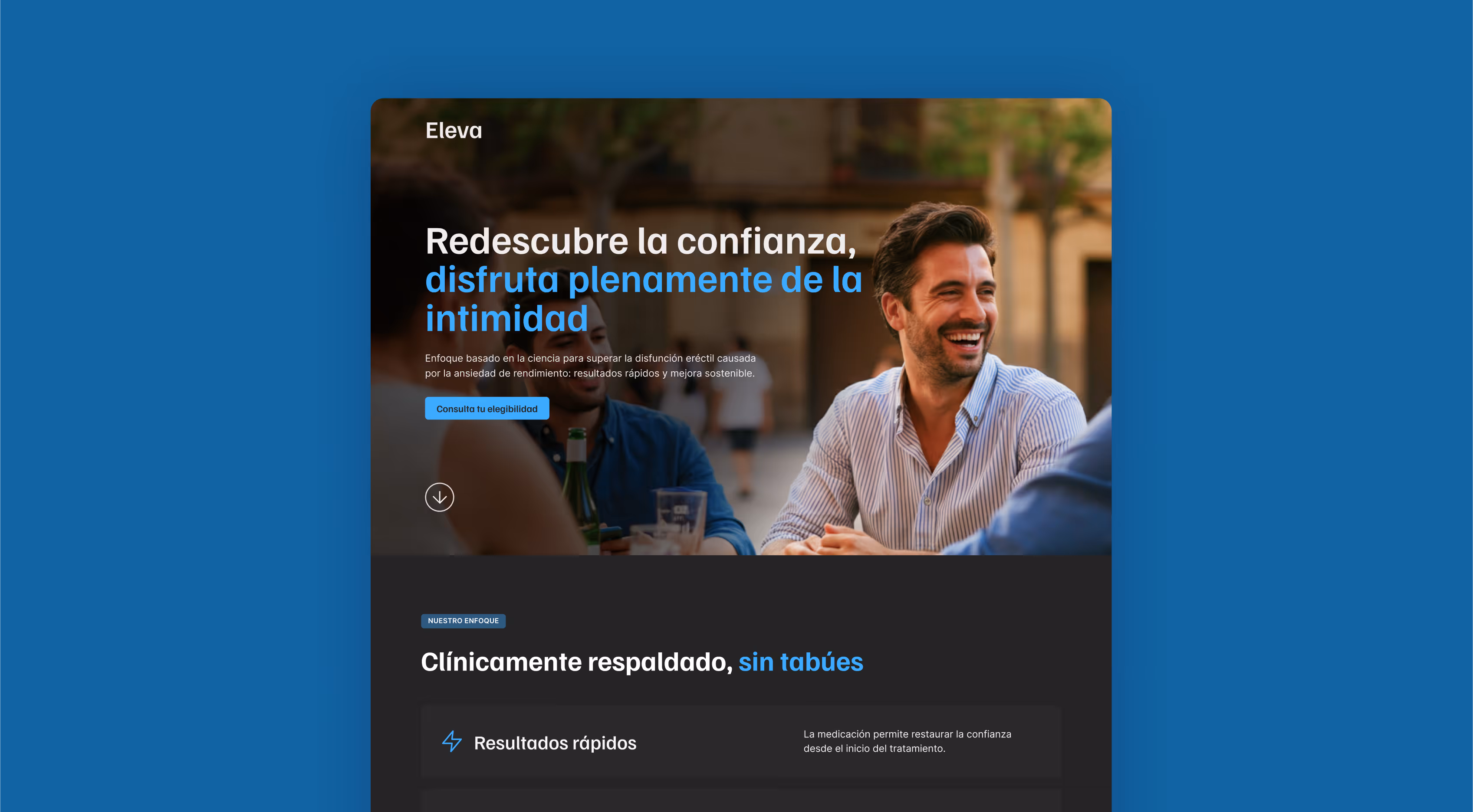 Eleva website featuring a happy man in his thirties laughing with friends
