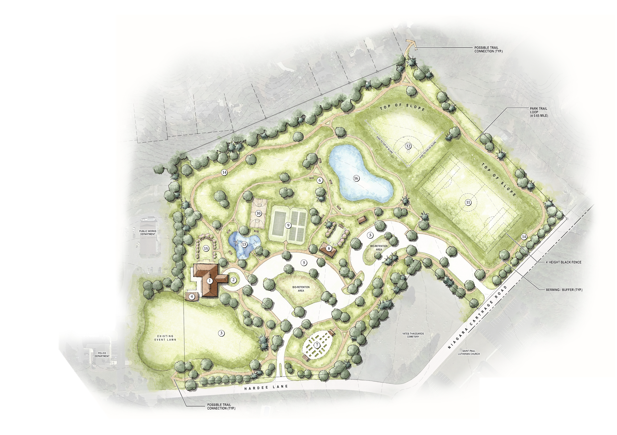 Hardee Lane Park master plan in Whispering Pines, NC — recreation and amenity design by Longitude Planning Group.