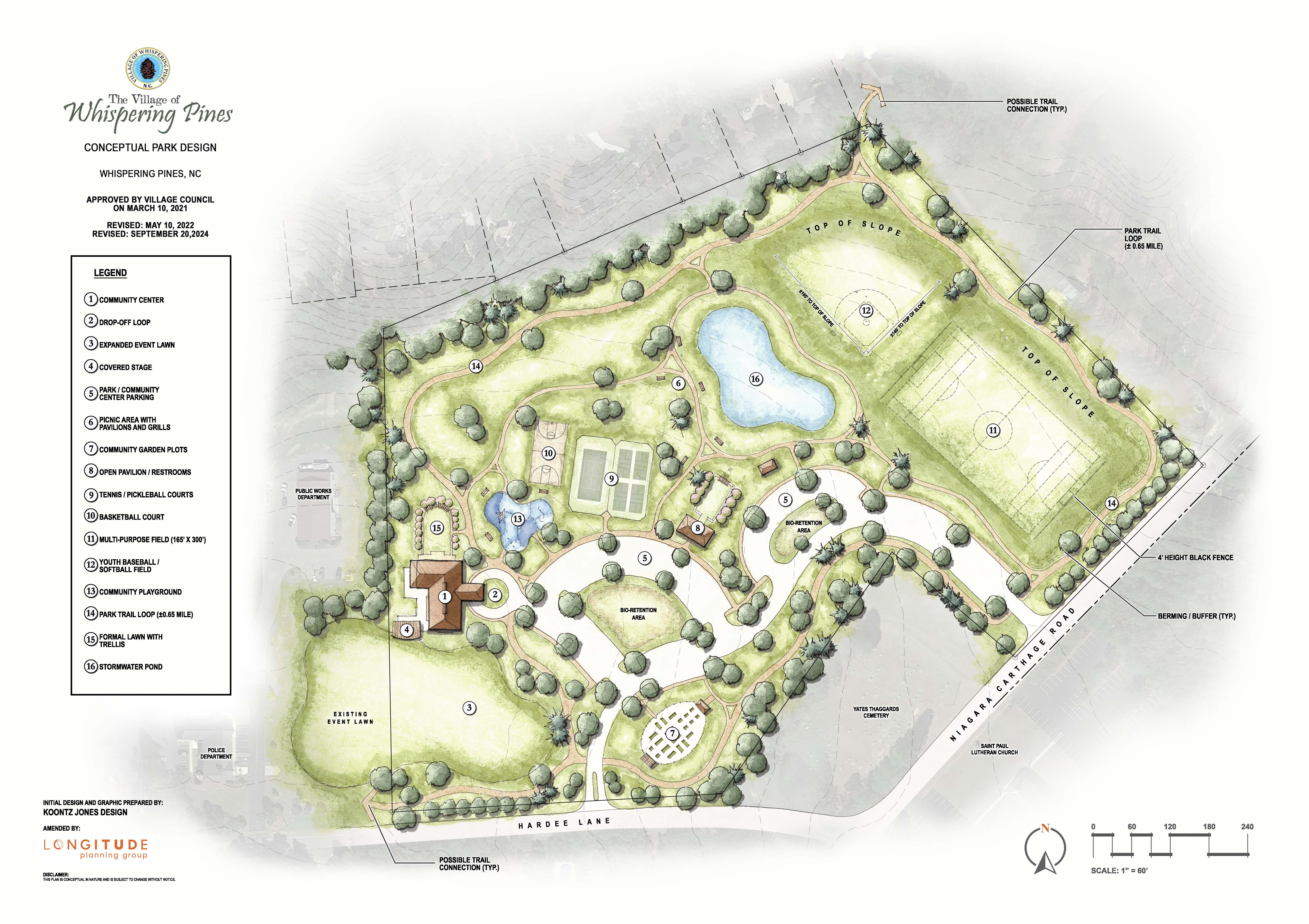 Conceptual park design plan for Hardee Lane Park in Whispering Pines, North Carolina, showing labeled legend of amenities including pavilion, pickleball courts, playground, multi-purpose fields, walking trails, and stormwater pond.