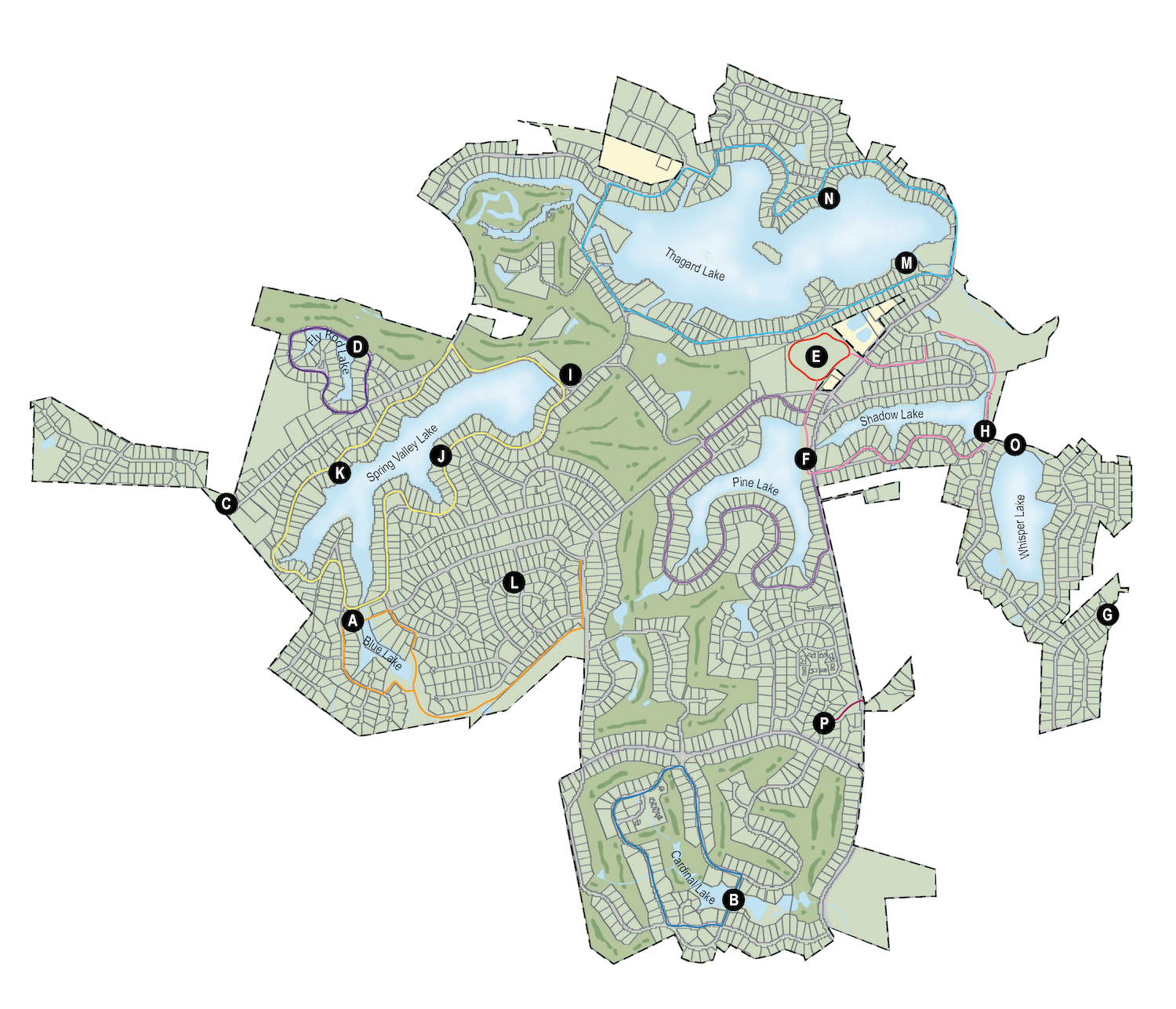 Amenities and trails map for the Village of Whispering Pines, North Carolina, designed by Longitude Planning Group to illustrate park locations, lake access points, and walking trail loops as part of the community’s wayfinding and signage program.