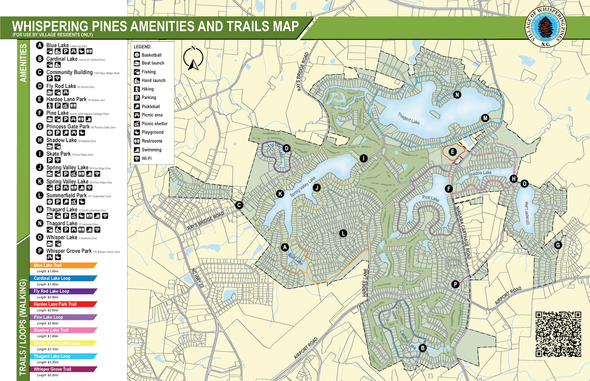 Whispering Pines Amenities and Trails Map showing walking trail loops, lake access points, and park amenities across the Village of Whispering Pines, North Carolina as part of a community-wide wayfinding and signage program.