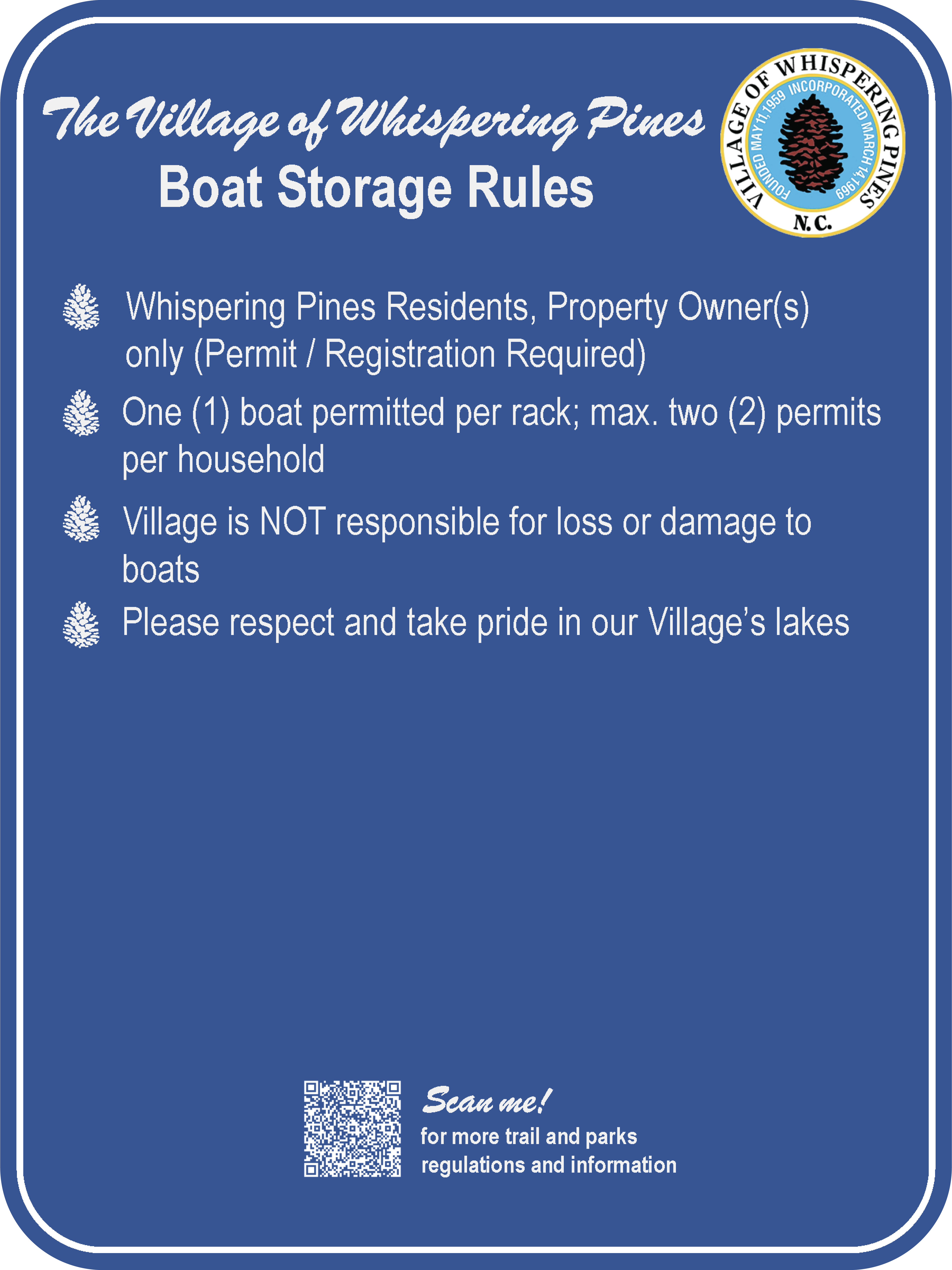 Village of Whispering Pines boat storage rules sign outlining permit requirements, household limits, and boating regulations for residents.