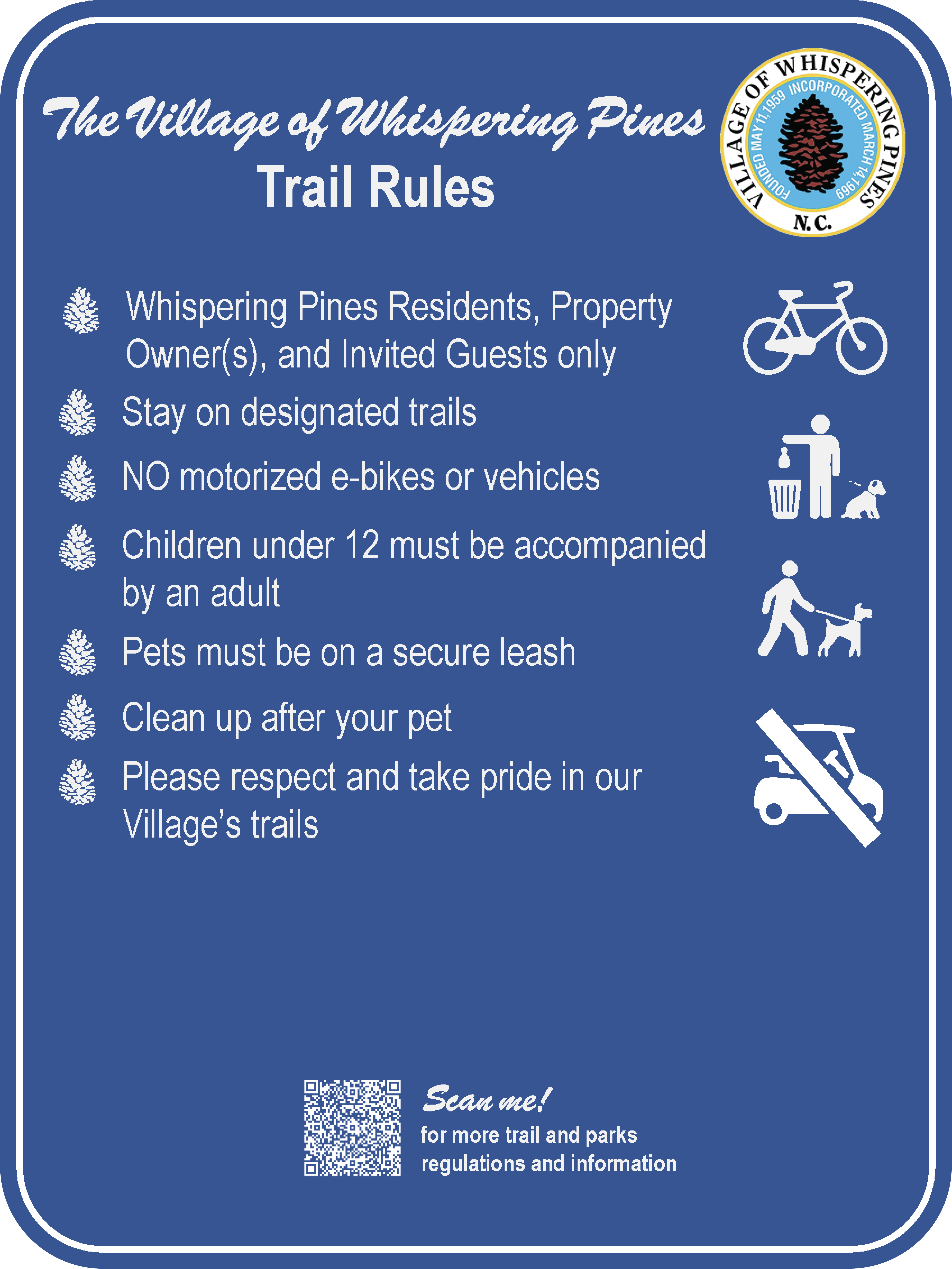 Village of Whispering Pines trail rules sign listing trail use guidelines, pet policies, and safety restrictions for residents and guests.