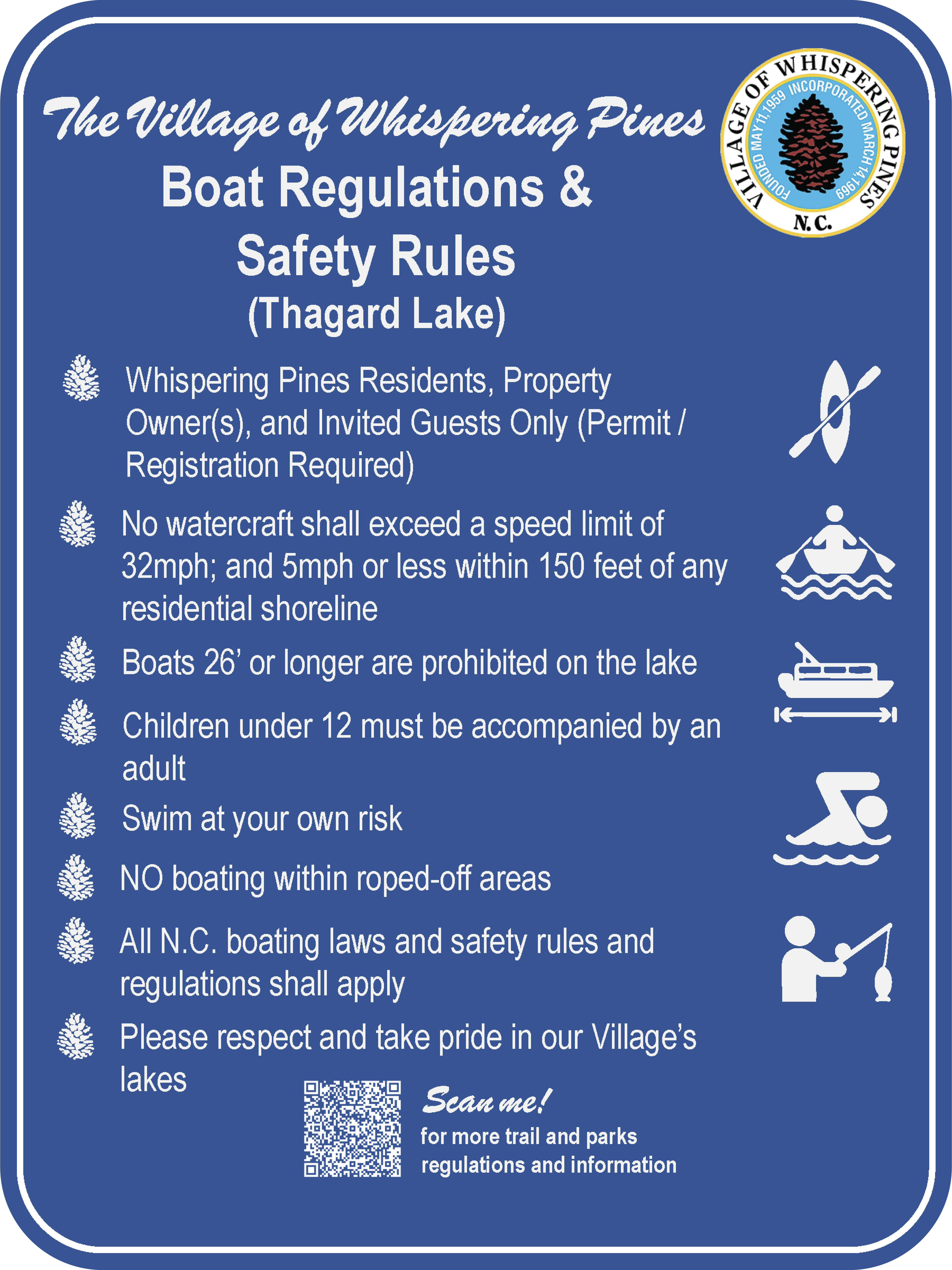 Village of Whispering Pines boat regulations and safety rules sign for Thagard Lake, listing boating speed limits, permit requirements, and safety guidelines for residents and guests.