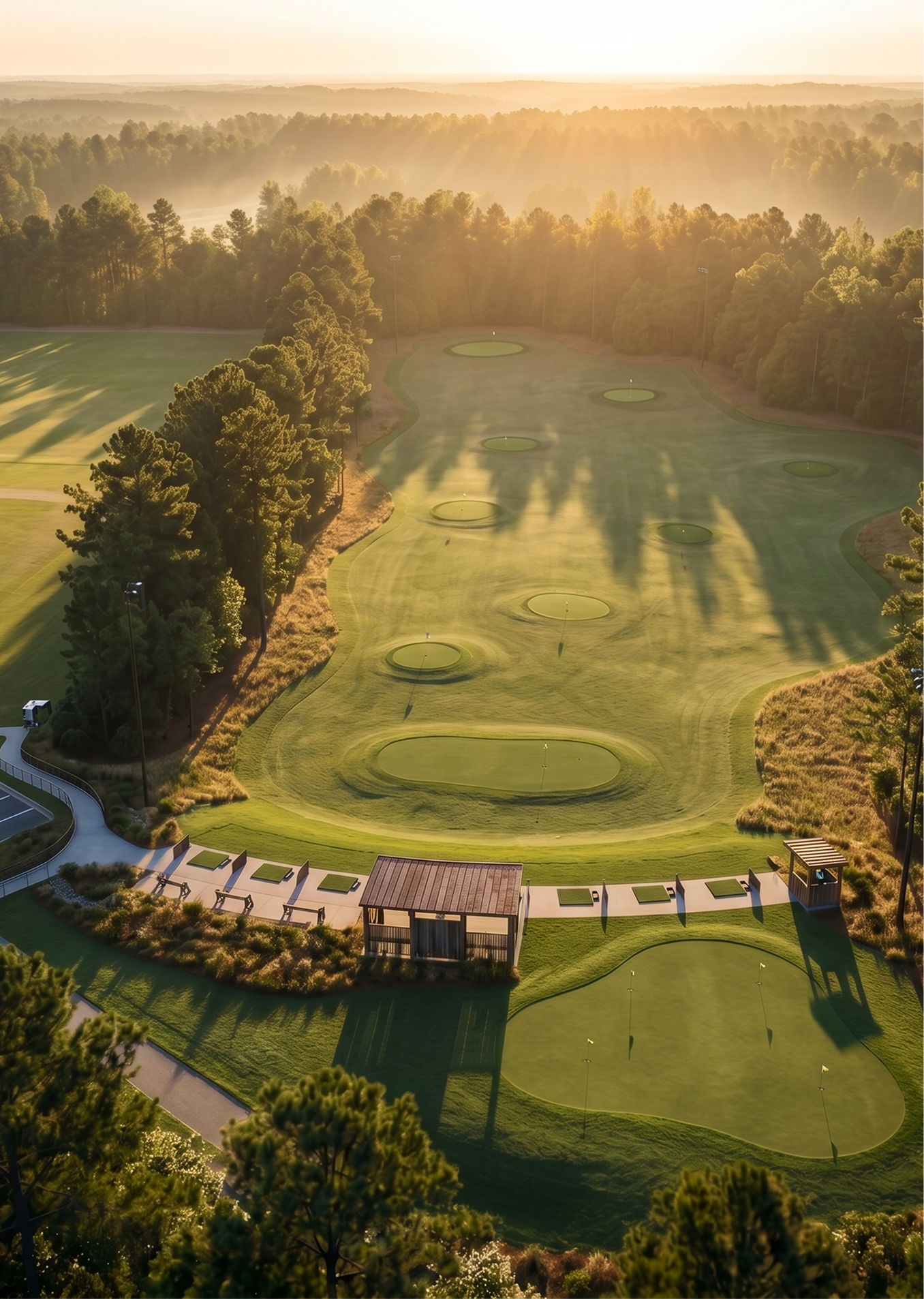 Rendering of the Iron Pines golf range at dusk in Southern Pines, North Carolina.