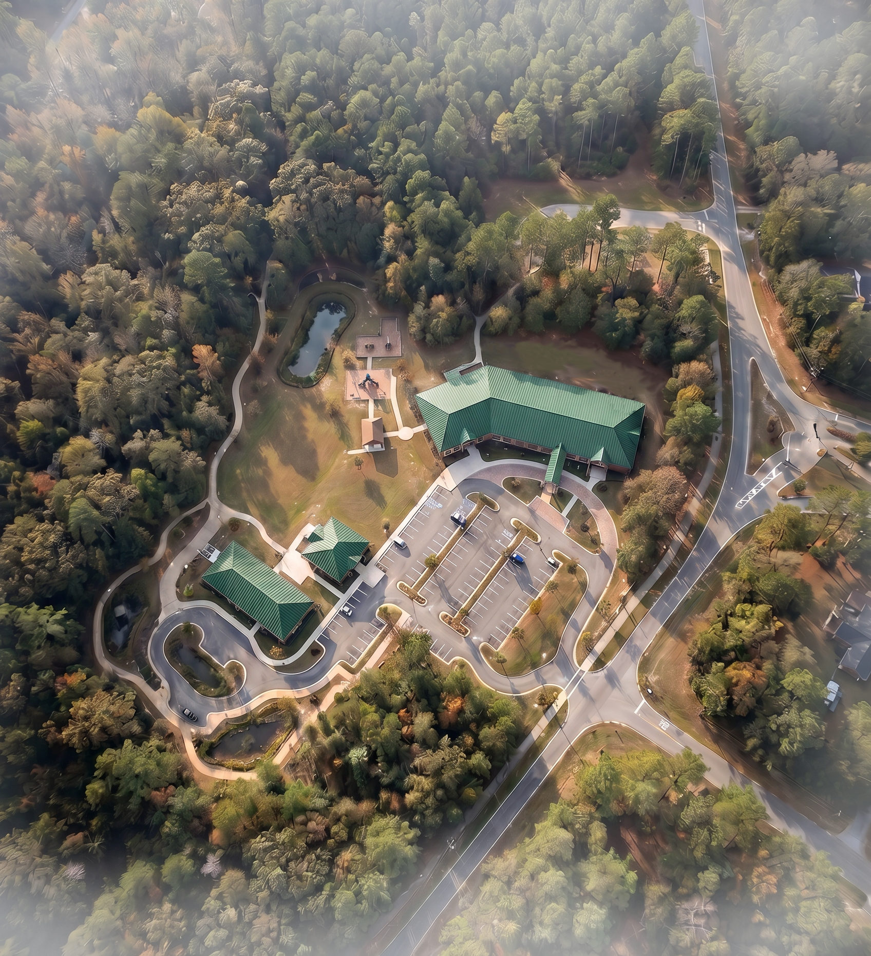 Aerial drone view of a the Sandhills Presbyterian Campus in Southern Pines, NC. 