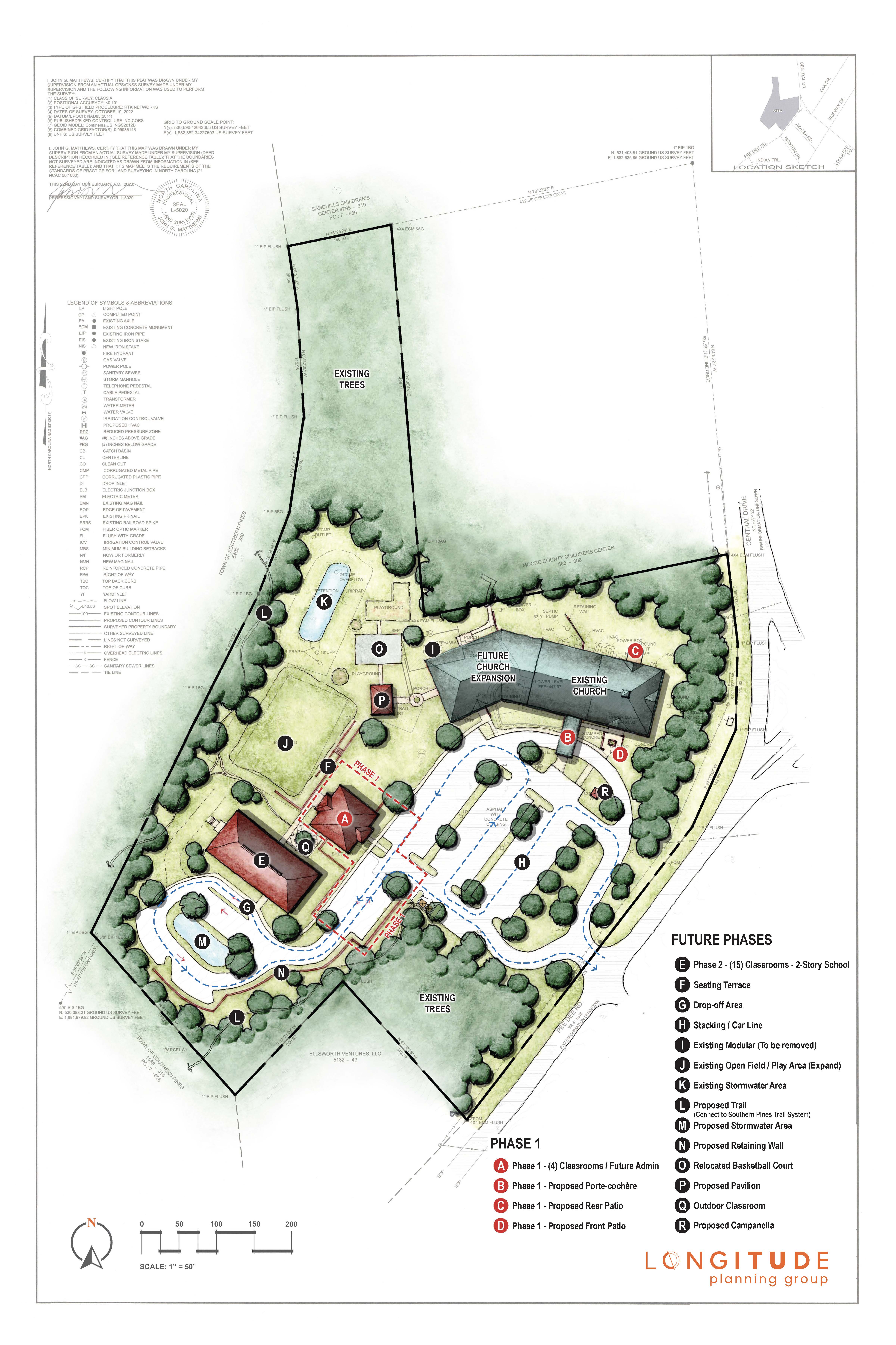 Site plan for a church campus master plan, showing the existing church and future expansion alongside Phase 1 additions and future phases including two-story school building, drop-off loop, parking, stormwater areas, trails, and a pavilion by Longitude.