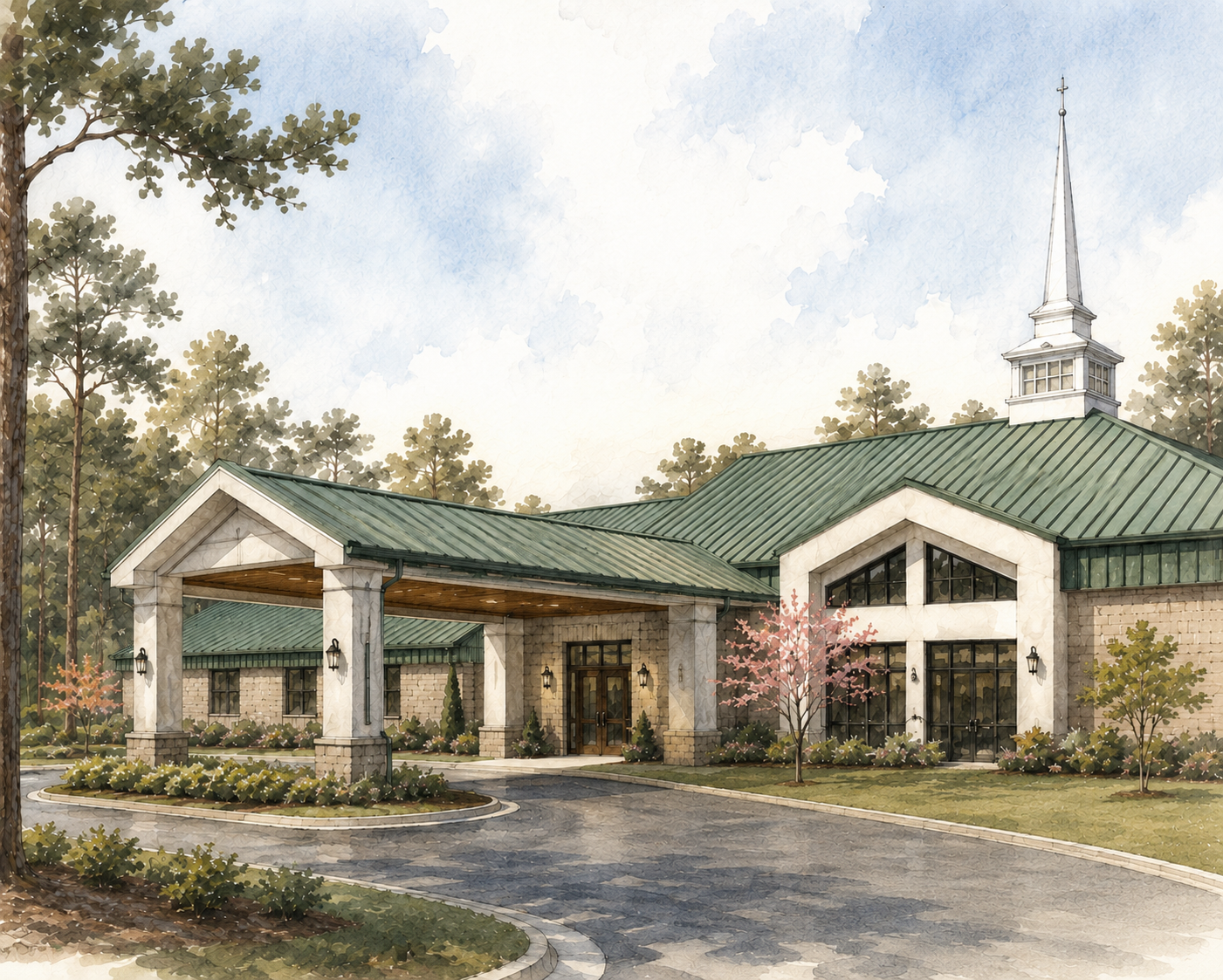 Watercolor rendering of a proposed church expansion with a stone facade, green metal roof, white steeple, covered port-cochere entrance, and a circular drive, surrounded by pine trees and flowering dogwoods.