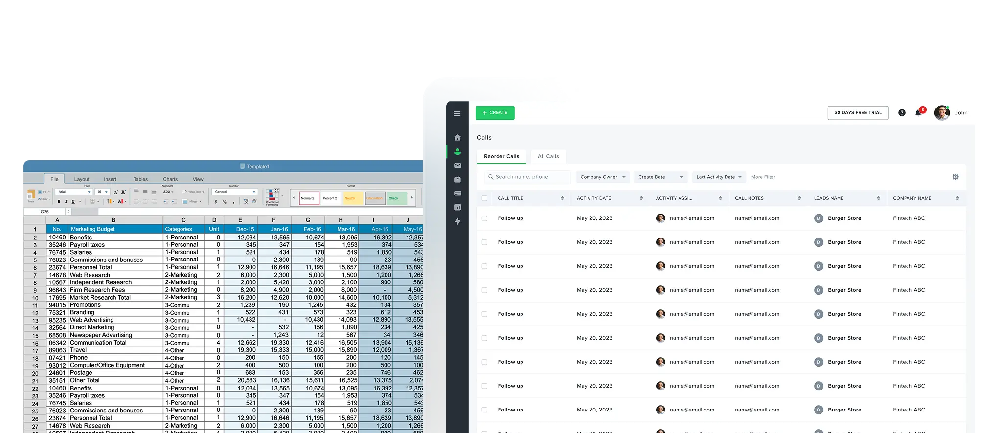excel sheet and leapify dashboard