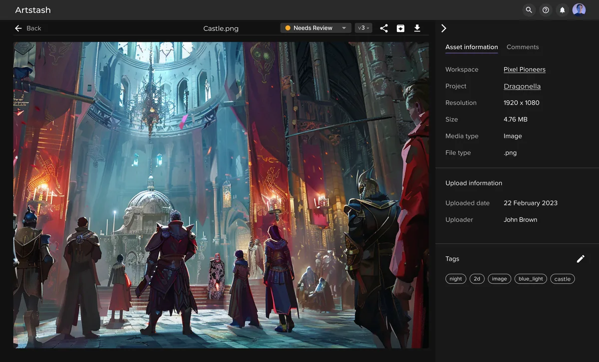 Artstash previewing game concept art with metadata, version history and tags