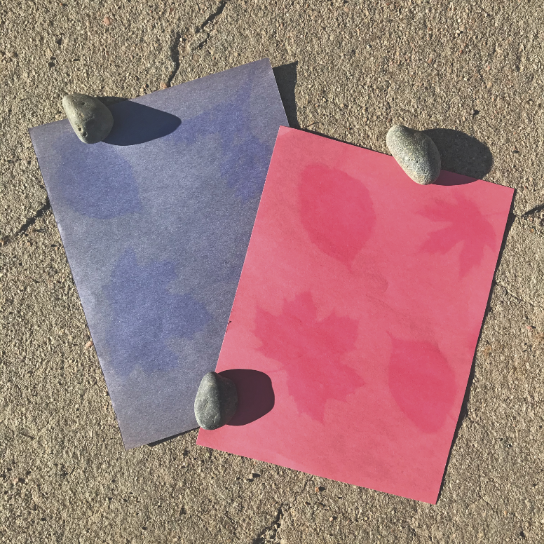 Two sheets of colorful paper showcasing sun prints created with rocks, displayed on an asphalt surface.