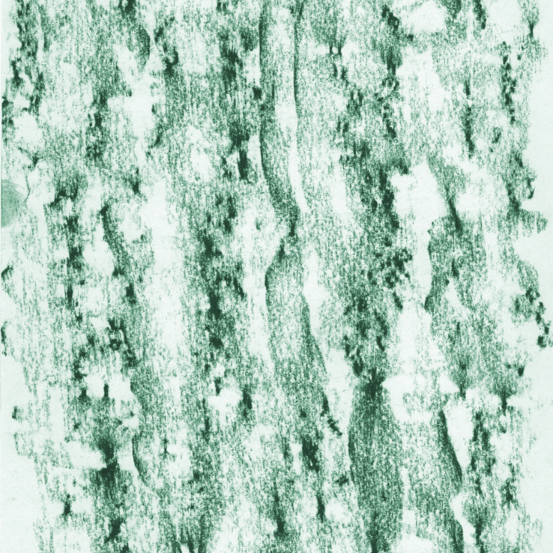 Green crayon prints on a white sheet of paper.