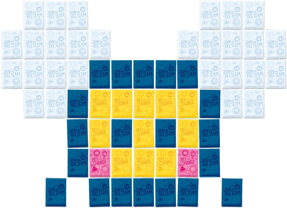 pixel art front view of a bee made out of wildflower seed packets, blue, white and yellow