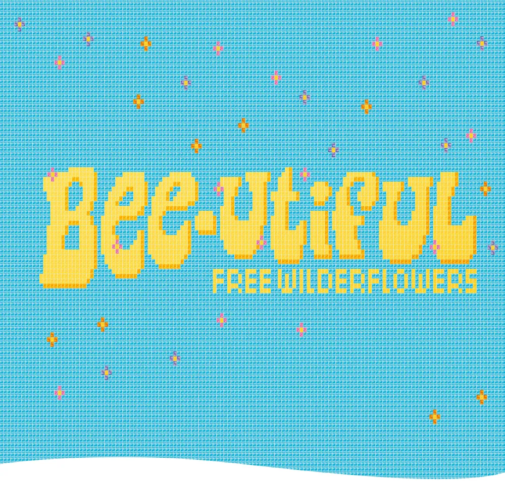 image made out of wildflower packets with a light blue background. Type on top that reads "Bee-utiful Free Wilderflowers" surrounded by small flowers