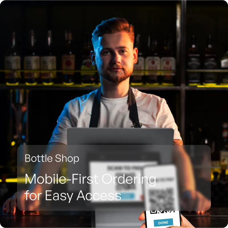 Bottle shop owner at the counter with the Payflo POS terminal