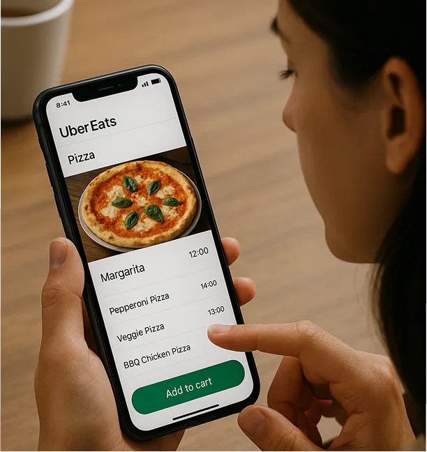 Customer ordering pizza for delivery on a phone