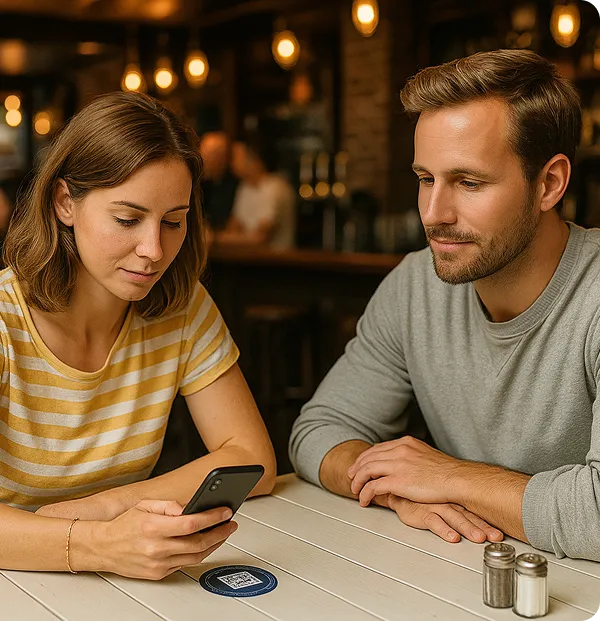 Customers at a cafe table ordering from a phone