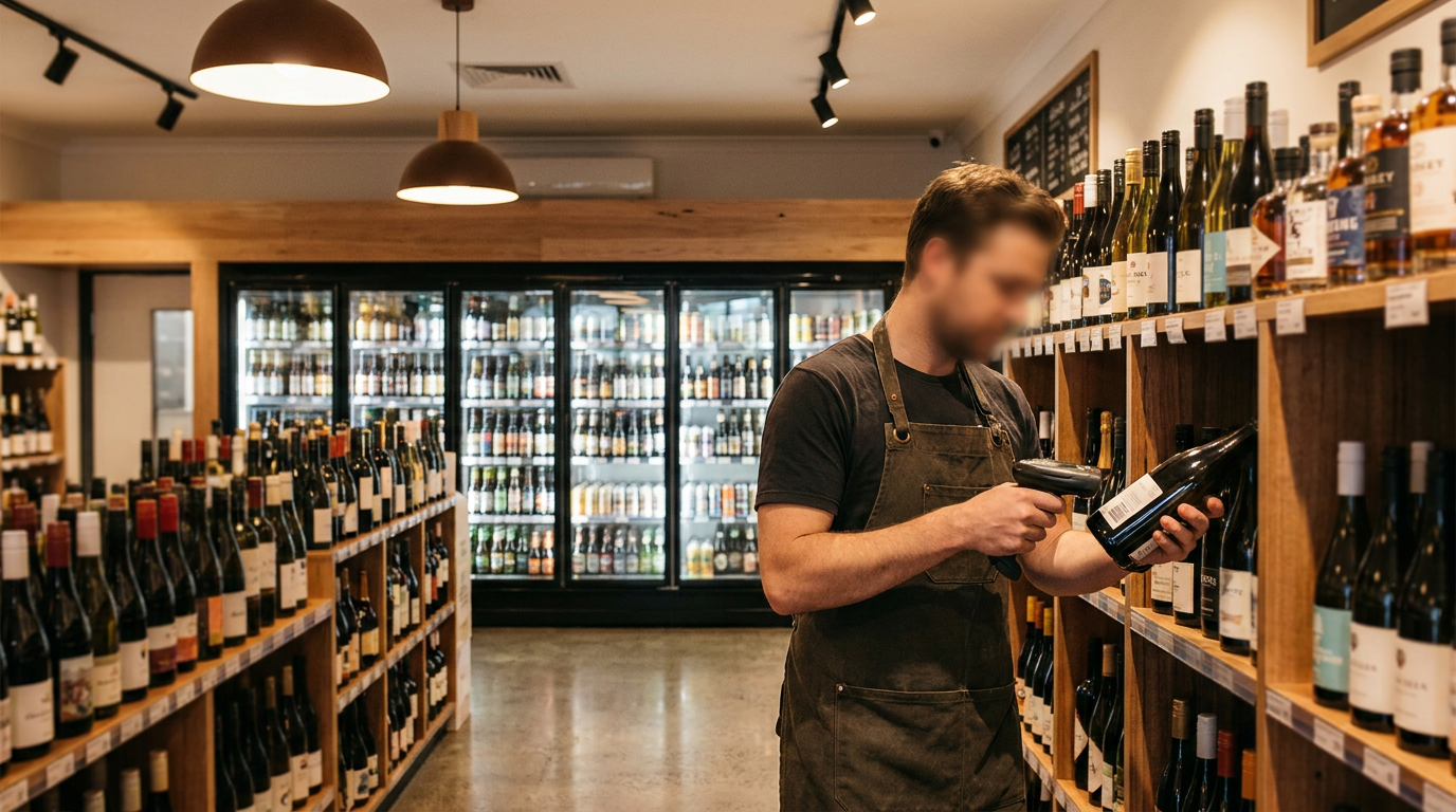 Bottle shop staff member scanning wine bottles during stocktake in an Australian liquor store