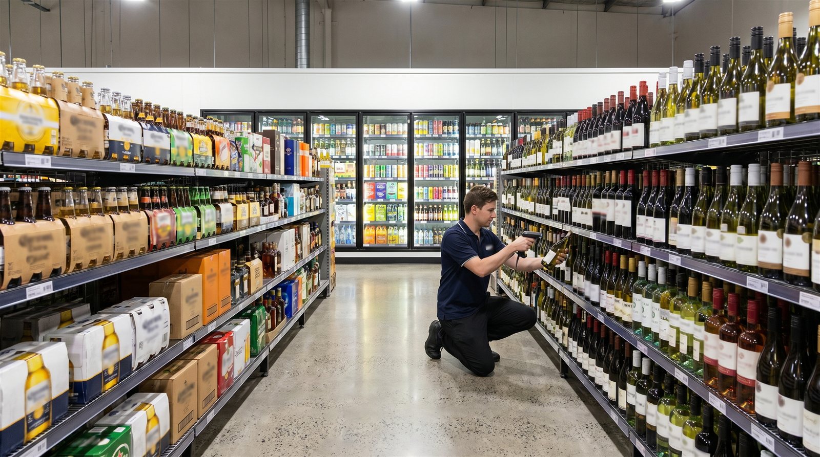 Staff member scanning wine bottle barcode with handheld scanner in Australian bottle shop