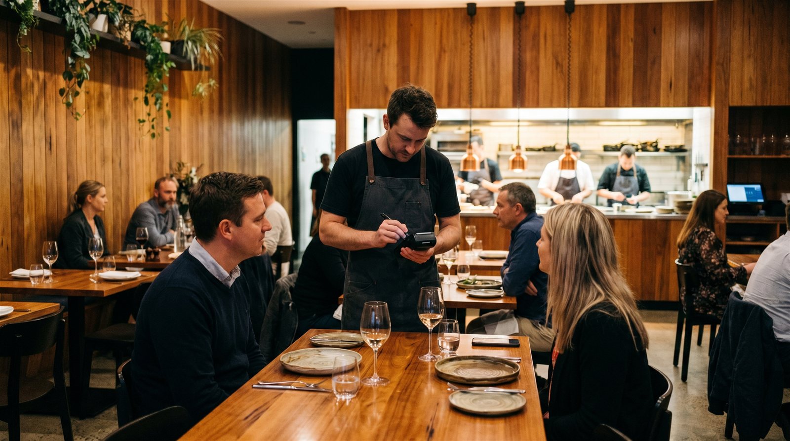 Waiter taking a tableside order on a handheld POS in a modern Australian restaurant