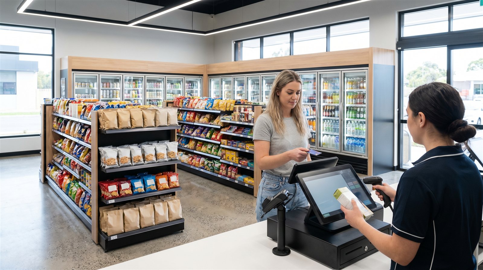 Attendant scanning a barcode at a modern Australian convenience store POS counter