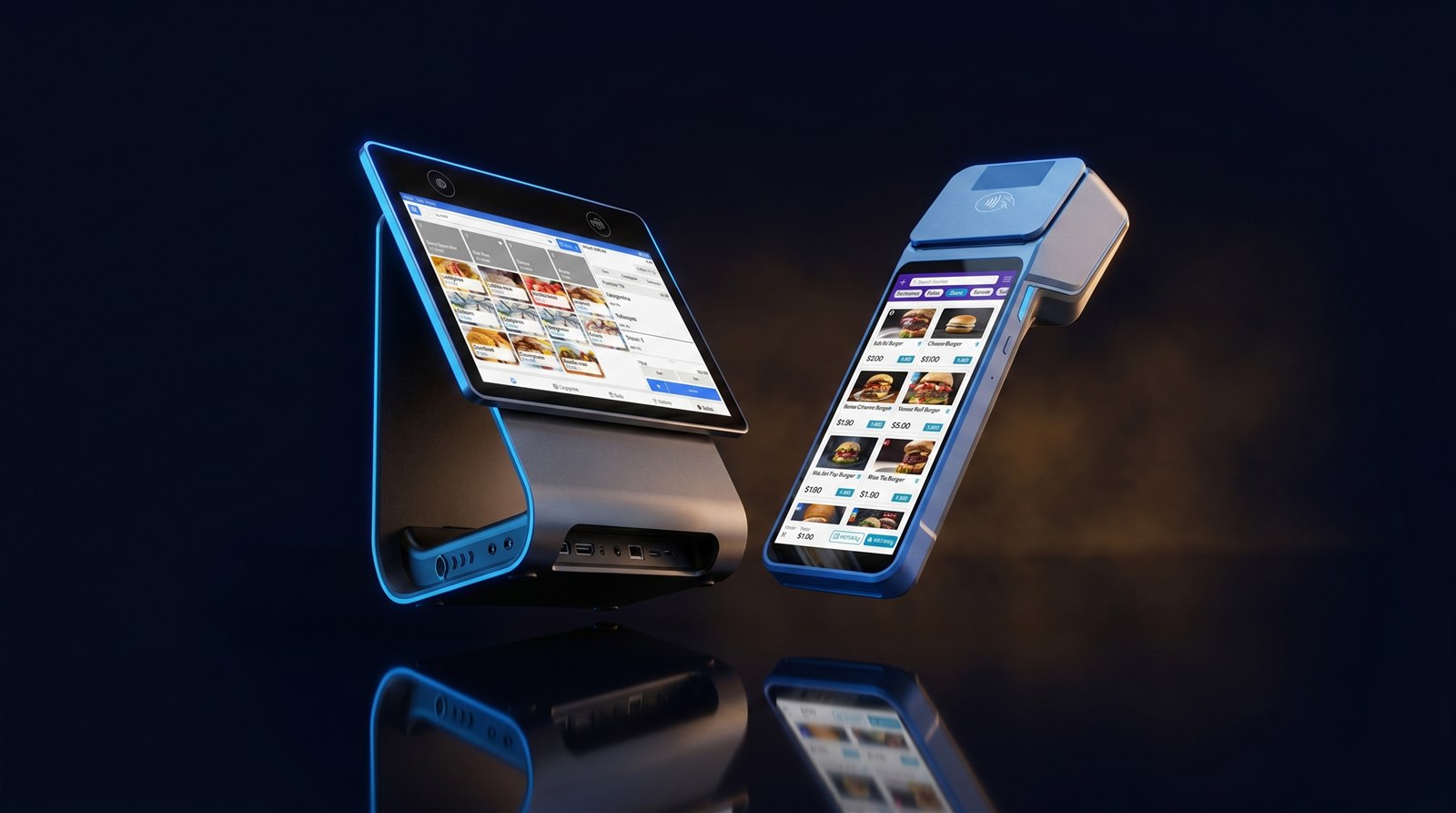 Payflo POS terminal and handheld device in a premium 3D render with blue rim lighting