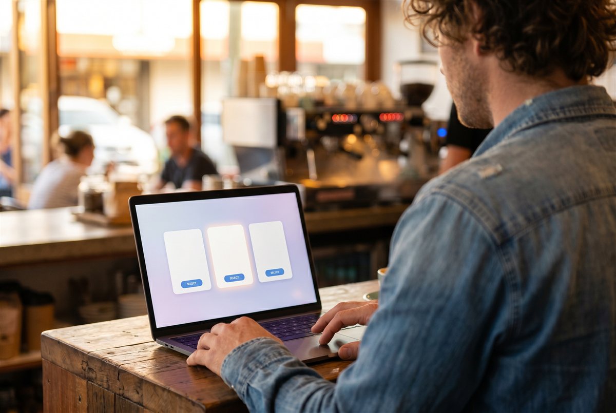 Cafe owner choosing a Payflo plan on a laptop at the counter