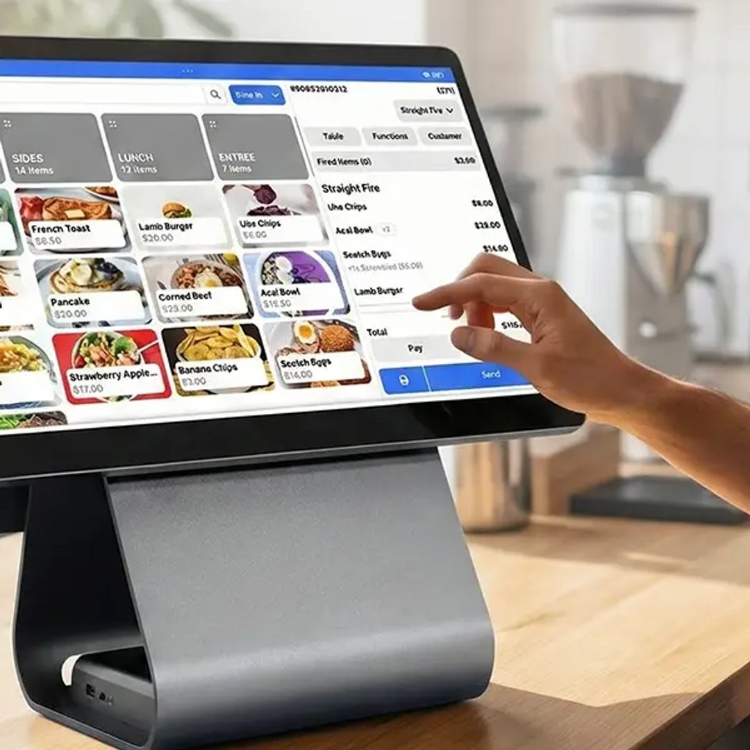 Payflo Pro POS terminal on a cafe counter showing the menu, staff tapping to send an order