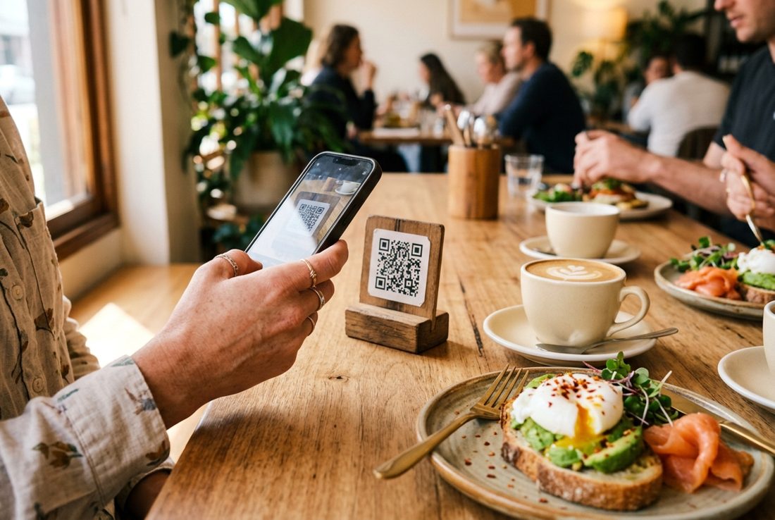 Guest scanning a QR code at a cafe table