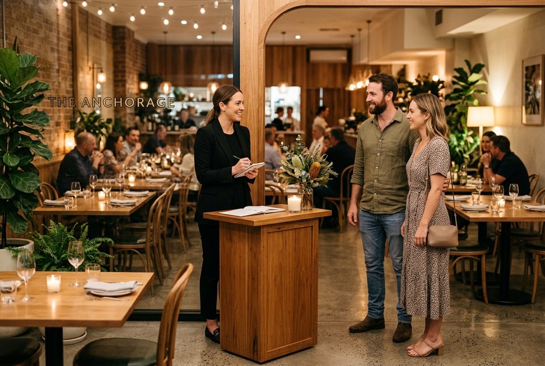 Host welcoming guests at a restaurant entrance