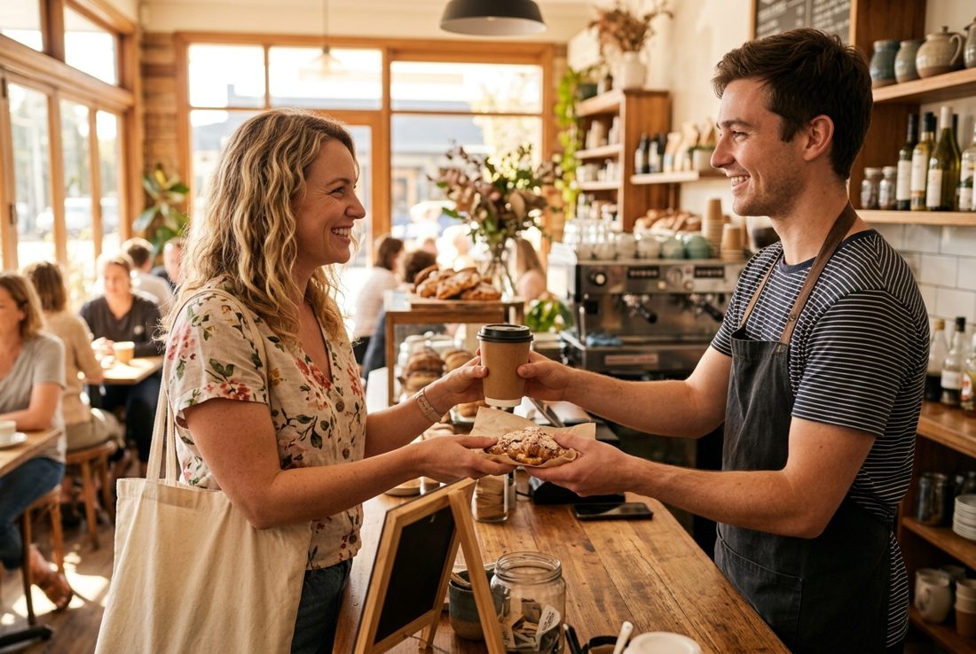Barista handing a regular customer a free pastry