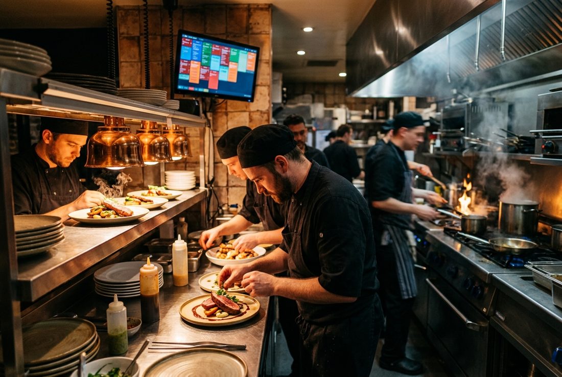 Chefs plating dishes at a busy kitchen pass