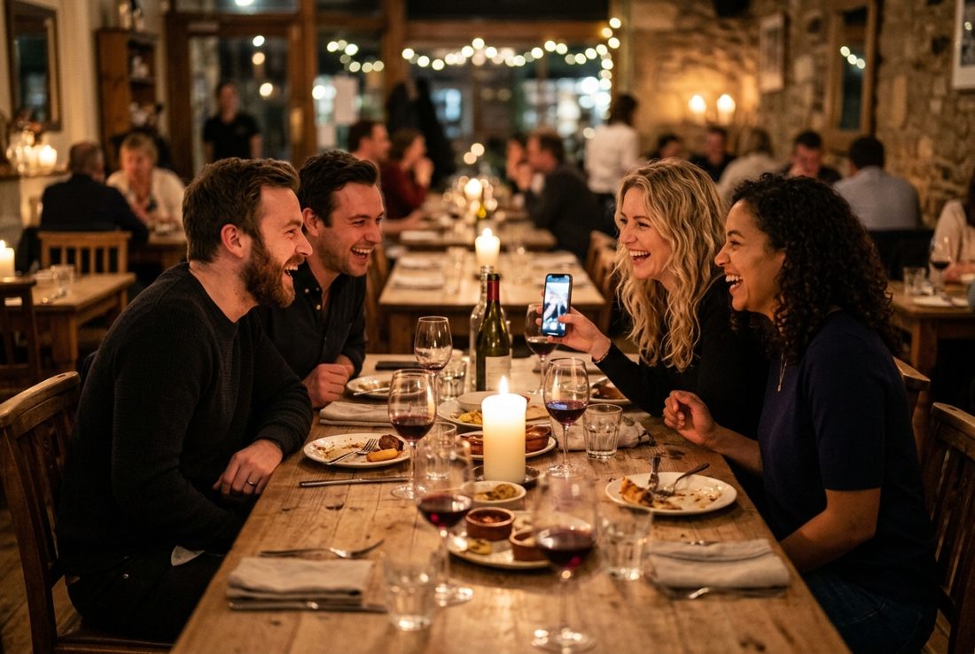 Friends sharing dinner at a restaurant table