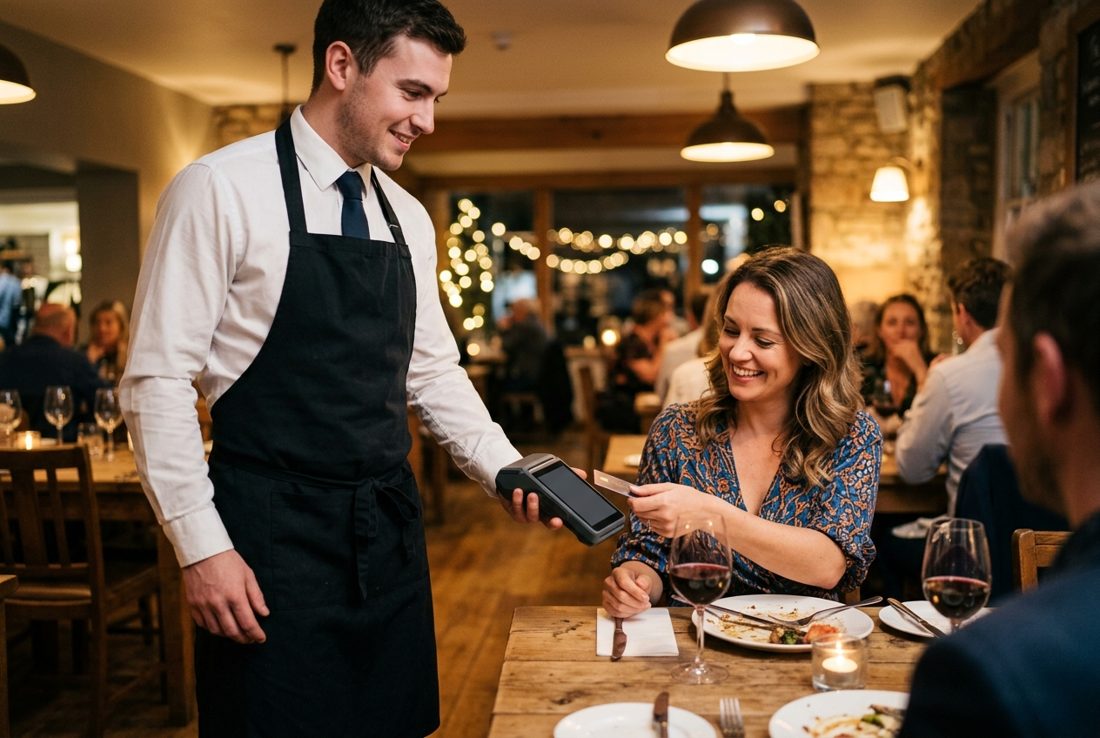 Waiter taking a tableside card payment