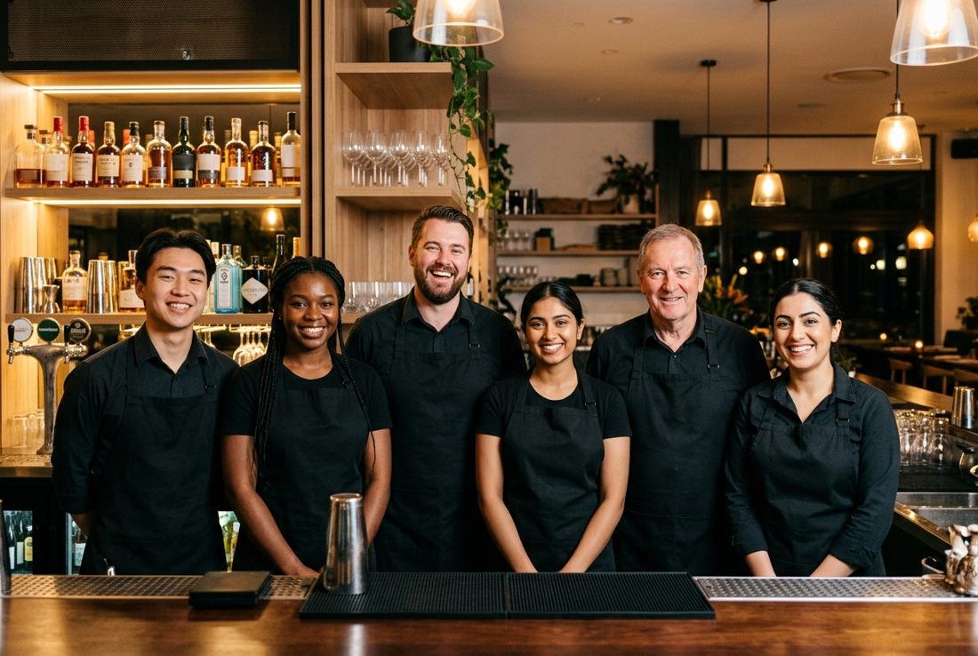 Hospitality team standing together behind a bar