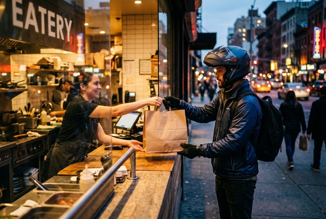 Delivery rider collecting a takeaway order