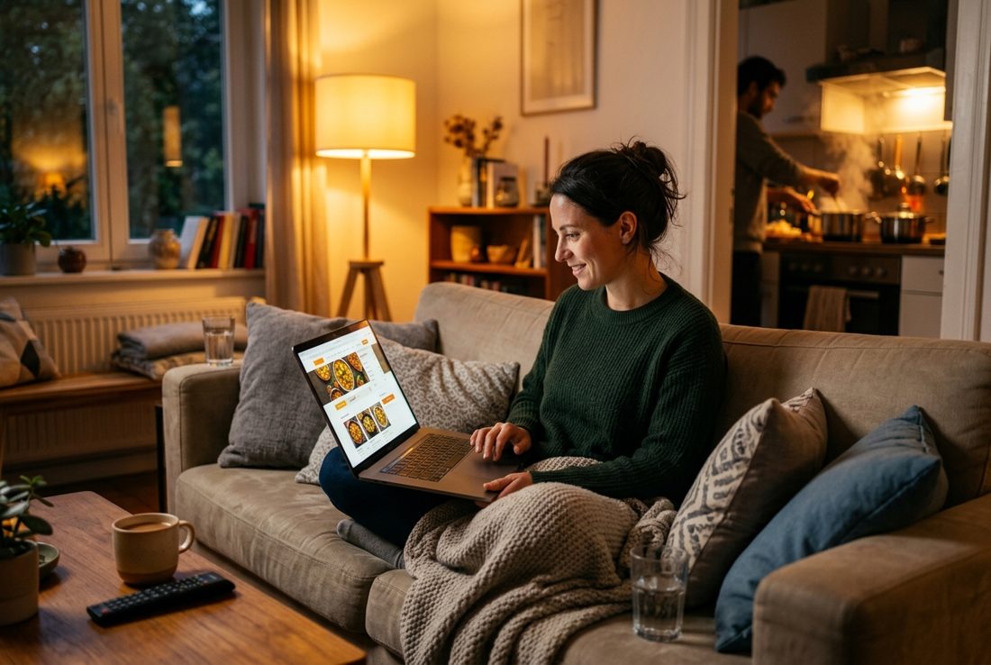 Customer ordering takeaway online from a laptop at home