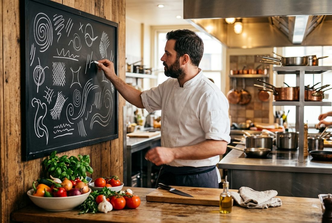 Chef writing daily specials in a bright kitchen