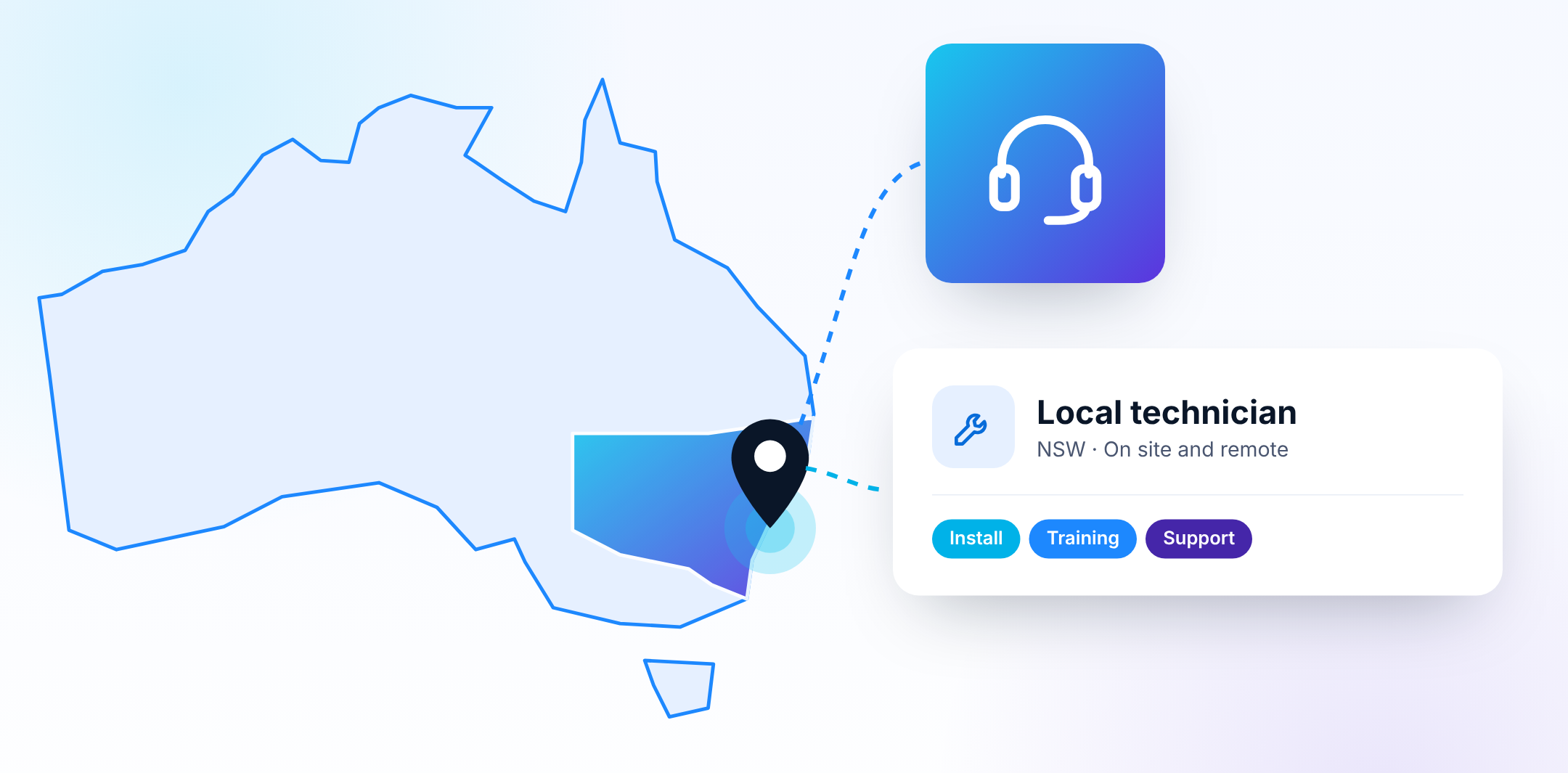 Illustration of an NSW map pin, a support headset and a local technician card