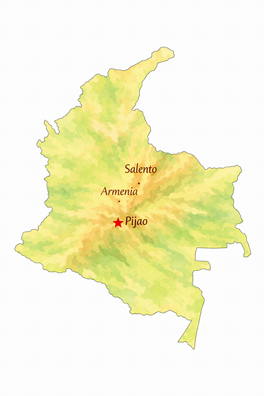 Colombia map with accurate positions of Salento, Armenia, and Pijao starred
