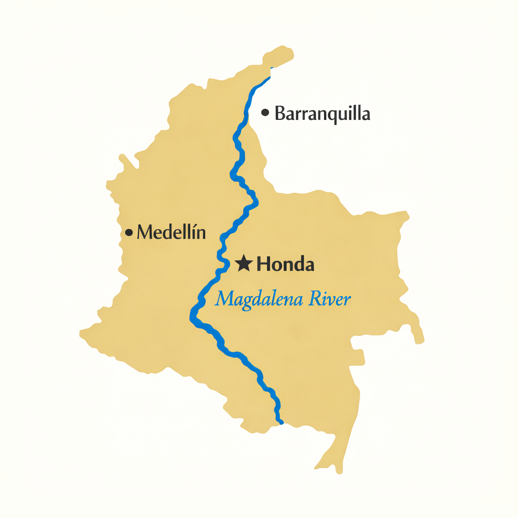 Minimalist Colombia map with Barranquilla, Medellín, and bold Honda; Magdalena River italic along curve