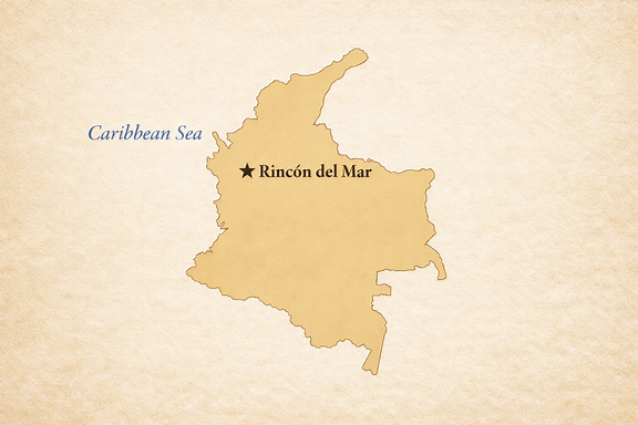 Beige Colombia map with coastline outline, classic serif labels; only Rincon del Mar bold with star; Caribbean Sea in italic blue; light parchment background